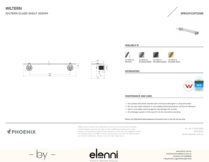 Wiltern Glass Shelf 450mm - Elenni specification drawing
