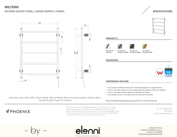 Wiltern Heated Towel Ladder 550mm x 750mm - Elenni specification drawing