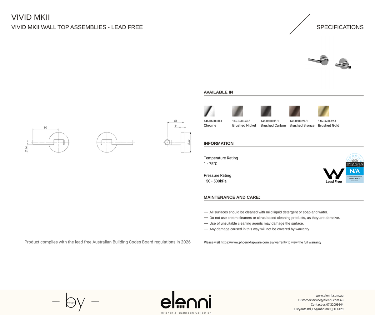 Vivid MKII Wall Top Assemblies - Elenni specification drawing