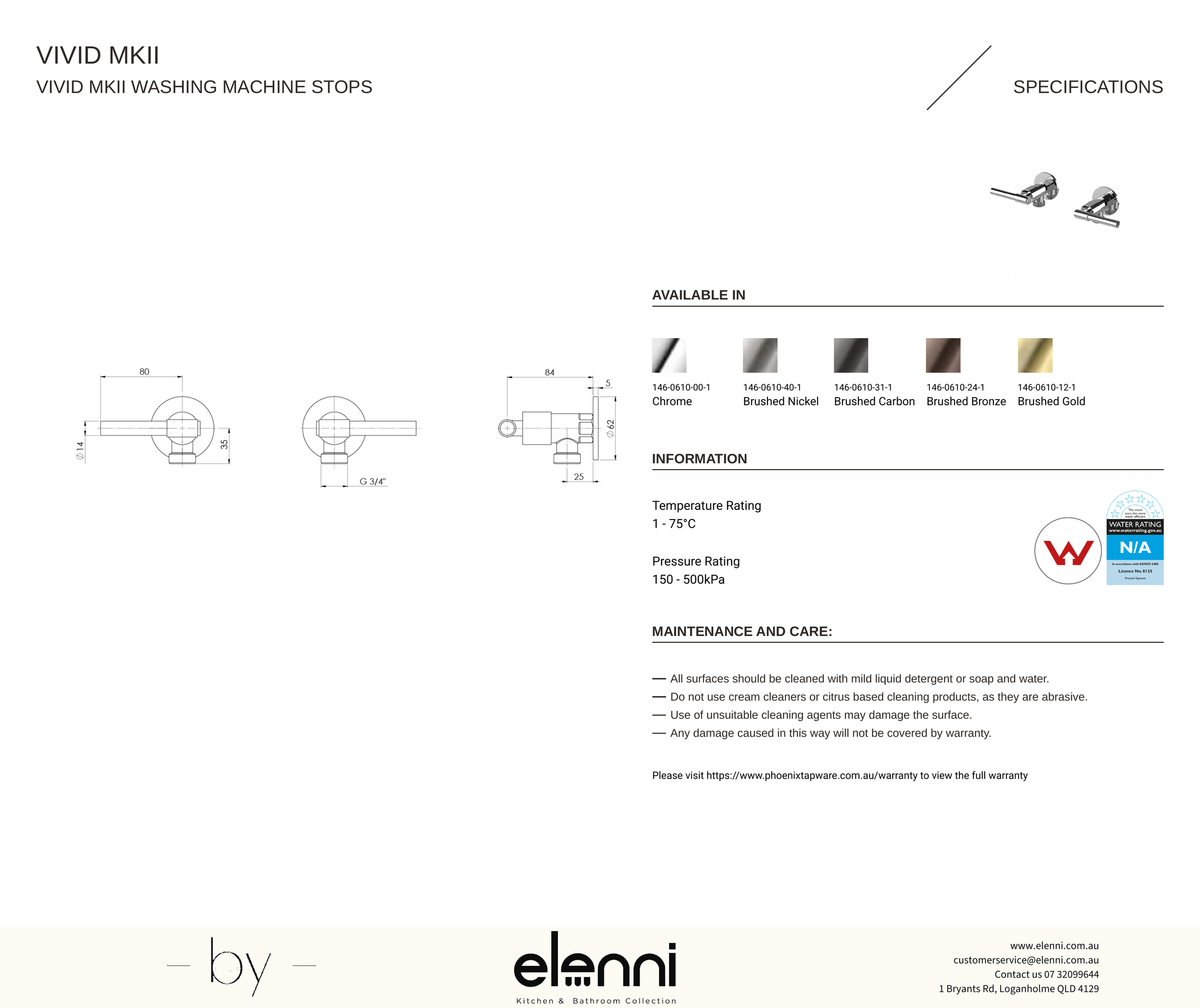 Vivid MKII Washing Machine Stops - Elenni specification drawing