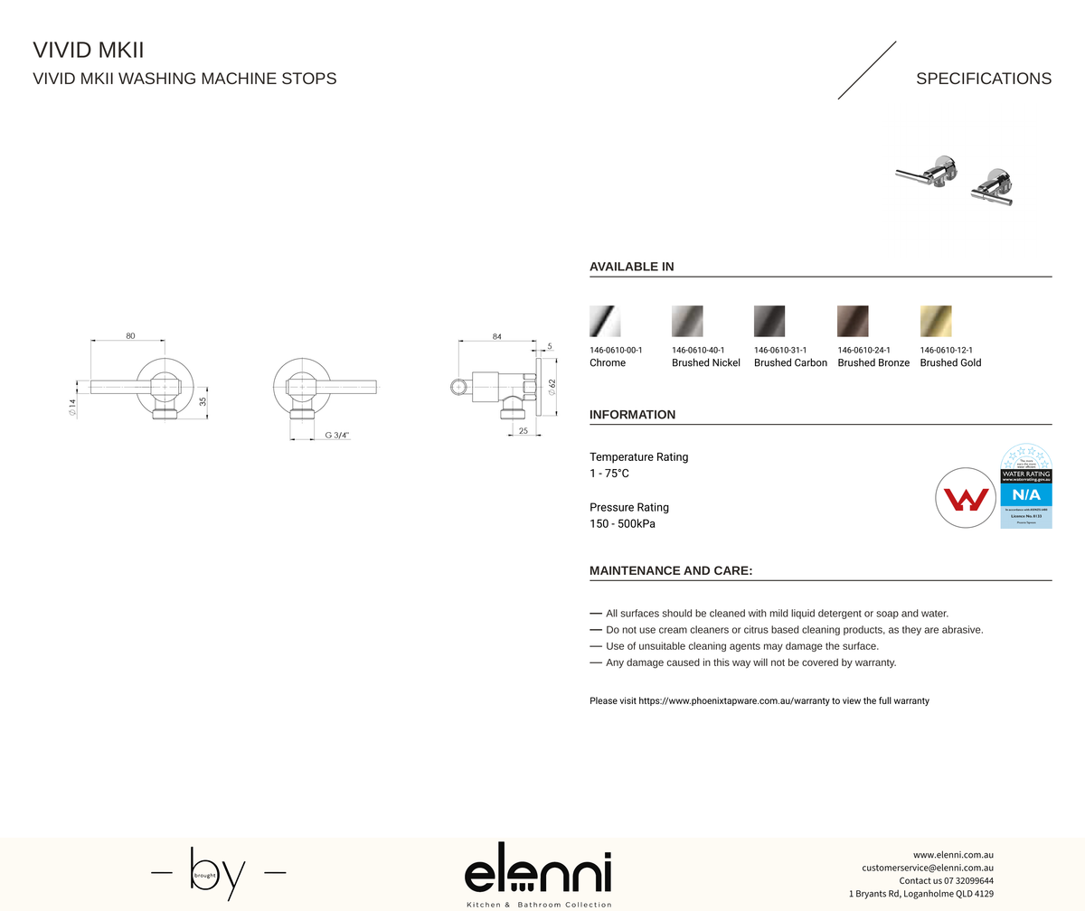 Vivid MKII Washing Machine Stops - Elenni specification drawing
