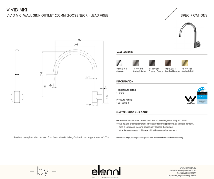 Vivid MKII Wall Sink Outlet 200mm Gooseneck - Elenni specification drawing