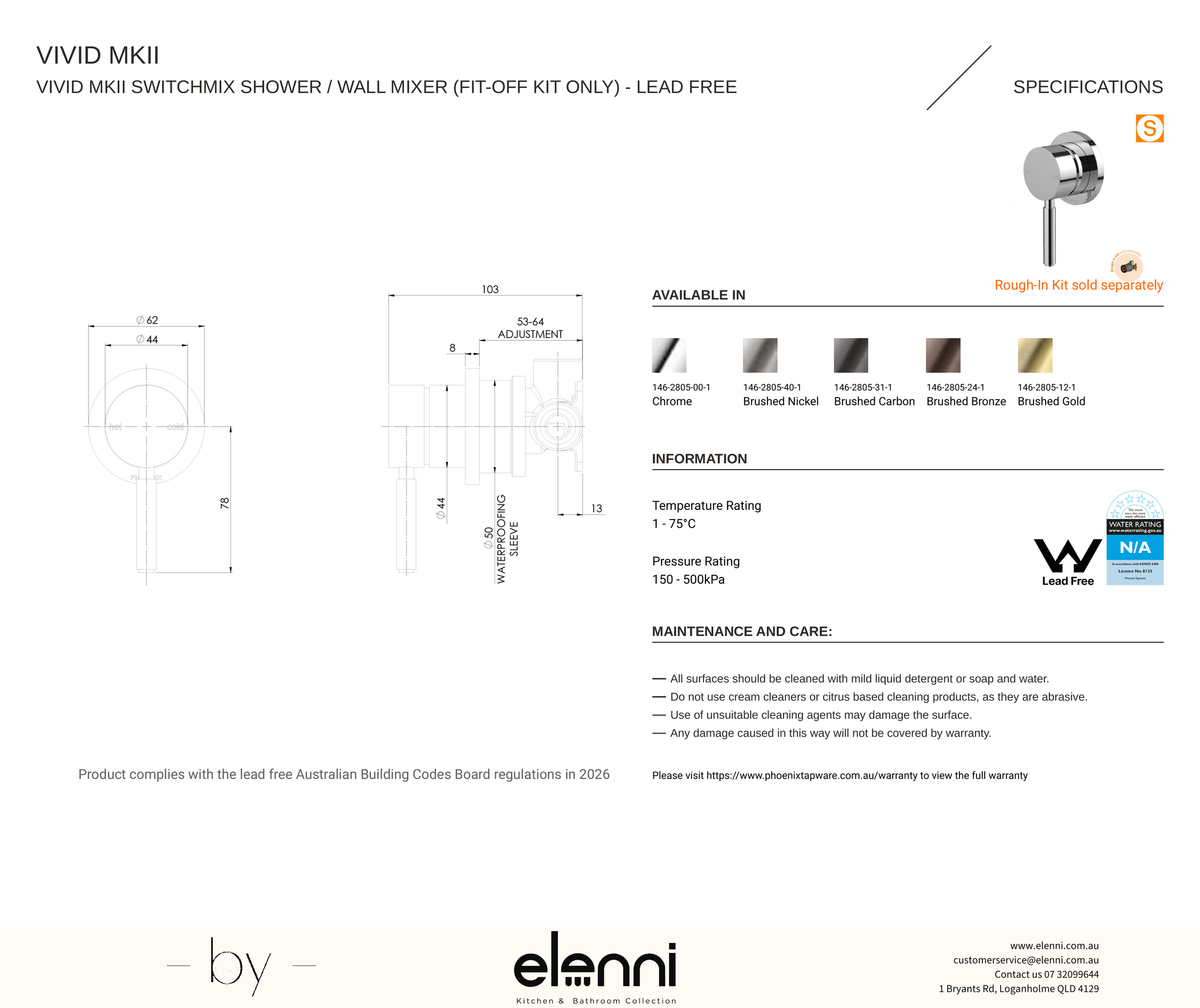 Vivid MKII SwitchMix Shower / Wall Mixer (Fit-Off Kit Only) - Elenni specification drawing