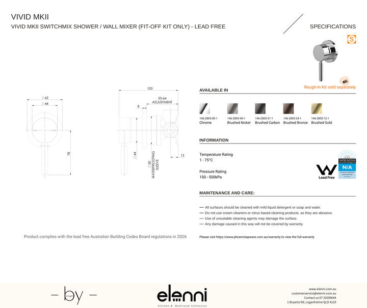 Vivid MKII SwitchMix Shower / Wall Mixer (Fit-Off Kit Only) - Elenni specification drawing