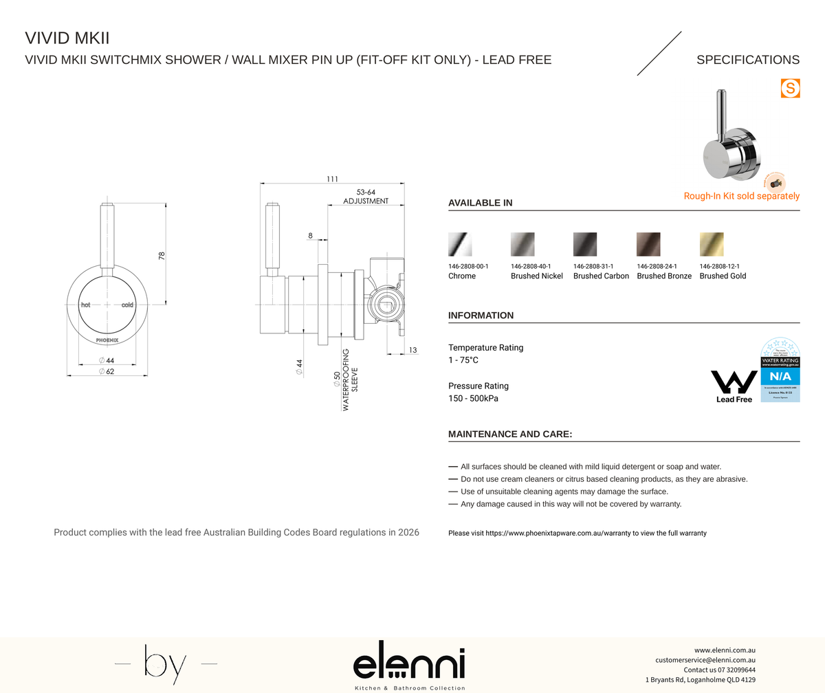 Vivid MKII SwitchMix Shower / Wall Mixer Pin Up (Fit-Off Kit Only) - Elenni specification drawing