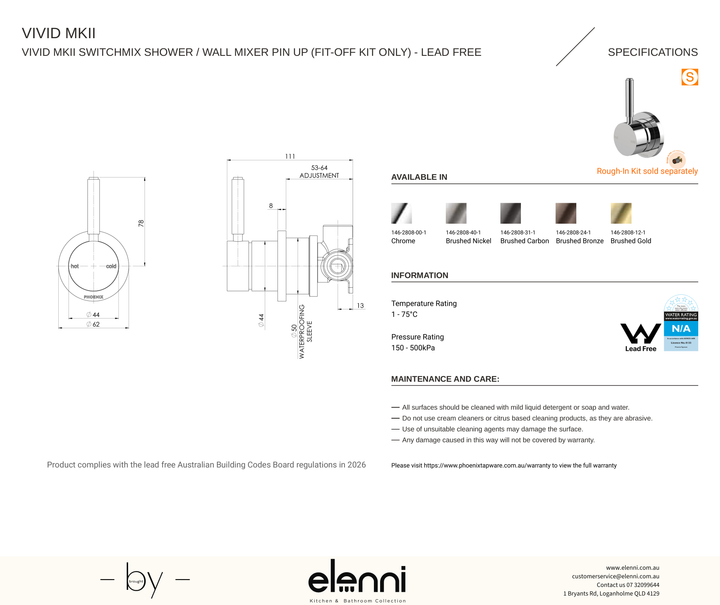 Vivid MKII SwitchMix Shower / Wall Mixer Pin Up (Fit-Off Kit Only) - Elenni specification drawing
