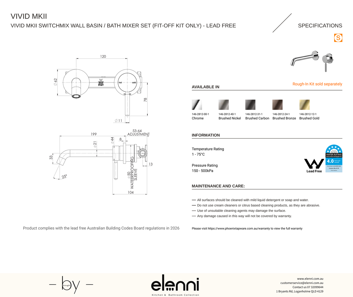 Vivid MKII SwitchMix Wall Basin / Bath Mixer Set (Fit-Off Kit Only) - Elenni specification drawing