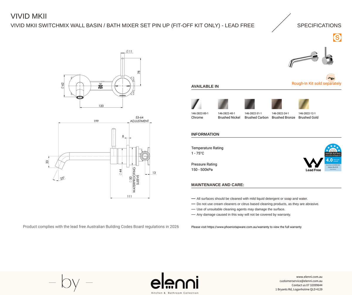 Vivid MKII SwitchMix Wall Basin / Bath Mixer Set Pin Up (Fit-Off Kit Only) - Elenni specification drawing