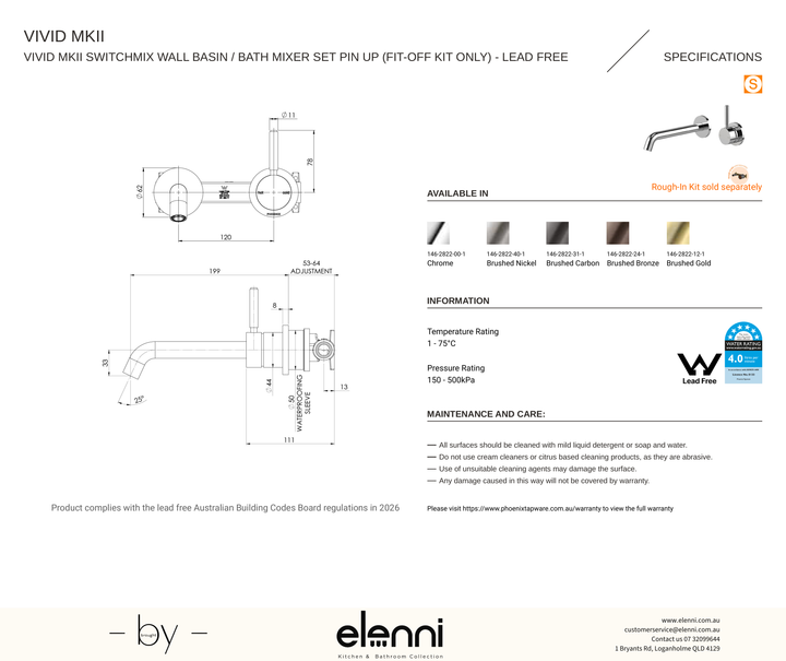 Vivid MKII SwitchMix Wall Basin / Bath Mixer Set Pin Up (Fit-Off Kit Only) - Elenni specification drawing