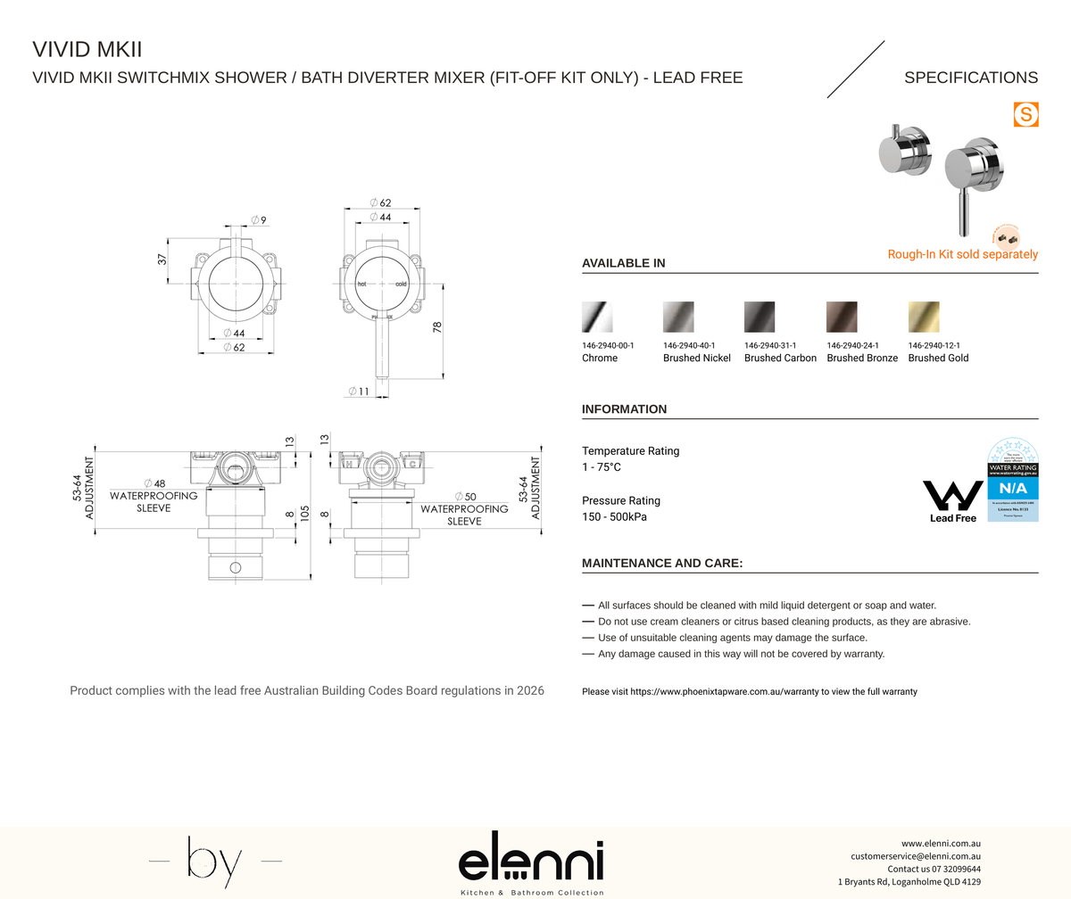 Vivid MKII SwitchMix Shower / Bath Diverter Mixer (Fit-Off Kit Only) - Elenni specification drawing