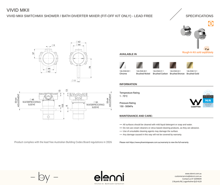 Vivid MKII SwitchMix Shower / Bath Diverter Mixer (Fit-Off Kit Only) - Elenni specification drawing