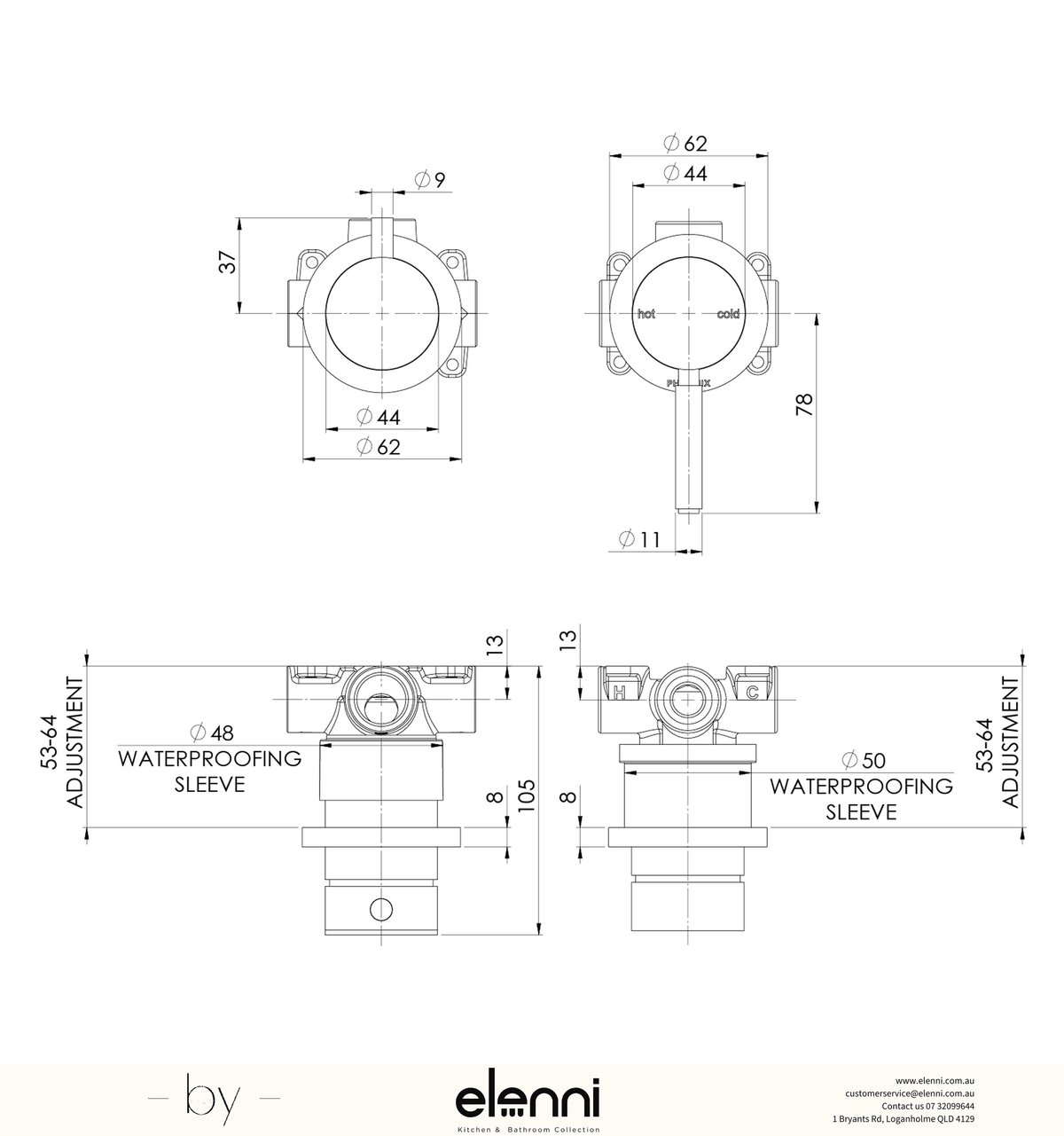 Vivid MKII SwitchMix Shower / Bath Diverter Mixer Pin Up (Fit-Off Kit Only) - Elenni specification drawing