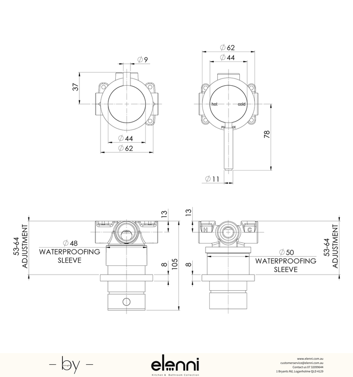 Vivid MKII SwitchMix Shower / Bath Diverter Mixer Pin Up (Fit-Off Kit Only) - Elenni specification drawing