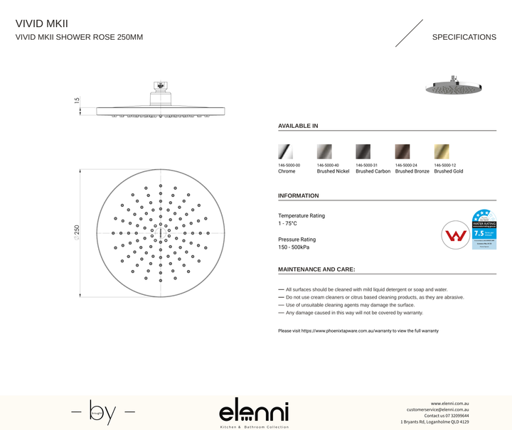 Vivid MKII Shower Rose 250mm - Elenni specification drawing