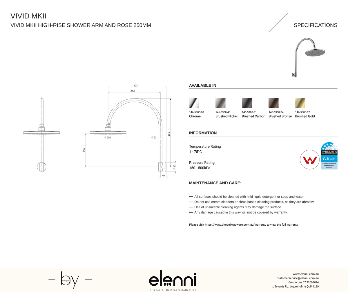 Vivid MKII High-Rise Shower Arm and Rose 250mm - Elenni specification drawing