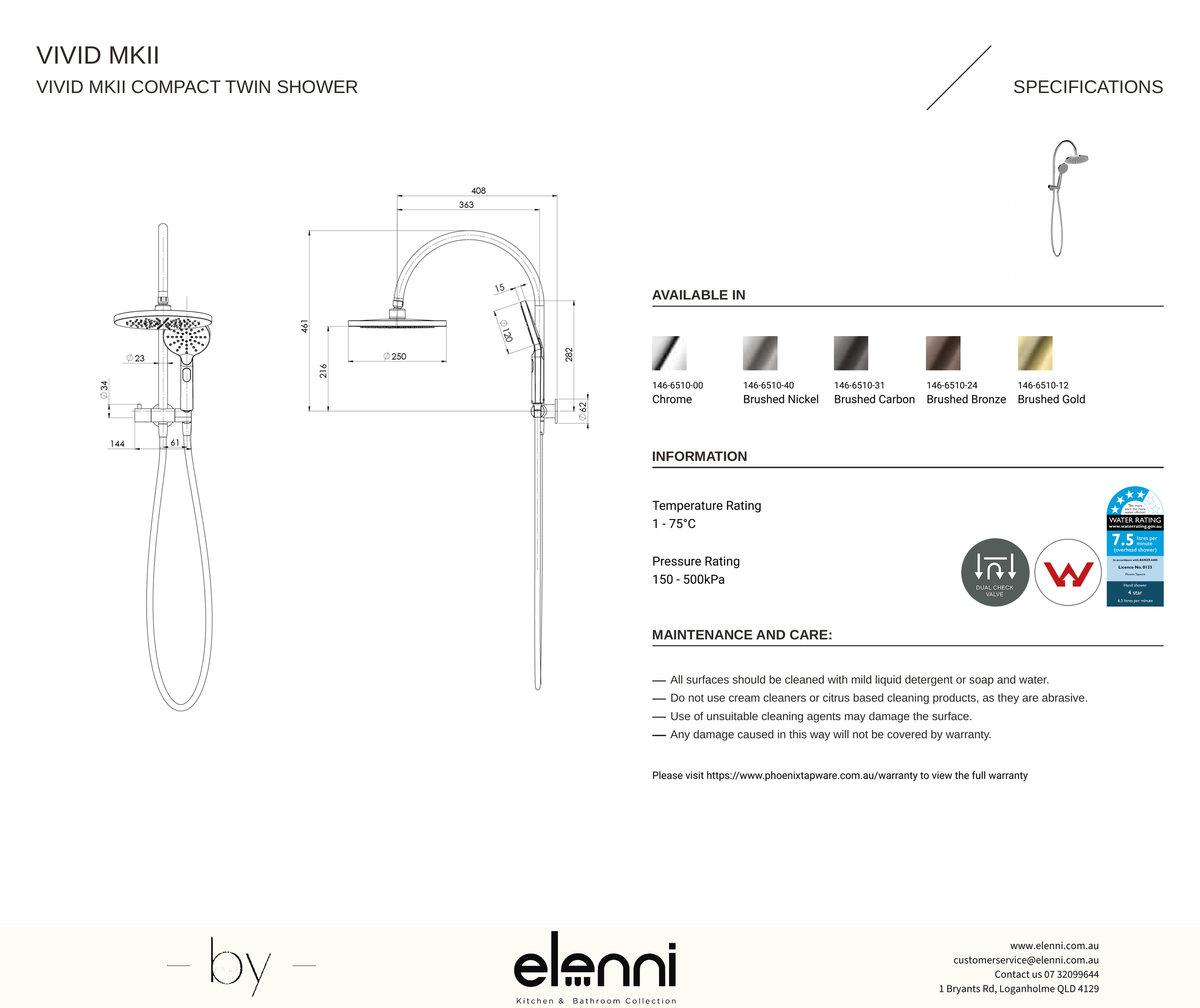 Vivid MKII Compact Twin Shower - Elenni specification drawing