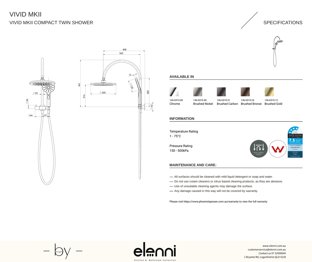 Vivid MKII Compact Twin Shower - Elenni specification drawing