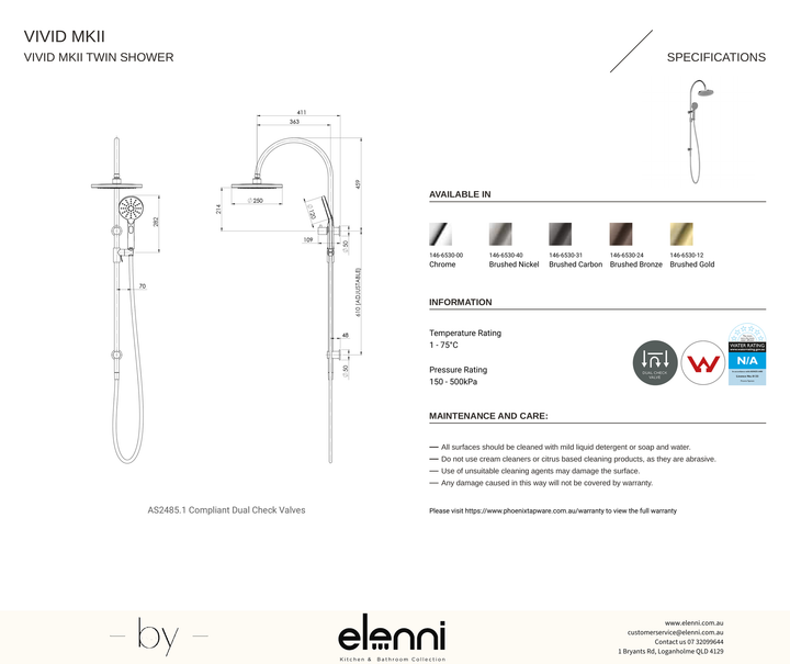 Vivid MKII Twin Shower - Elenni specification drawing
