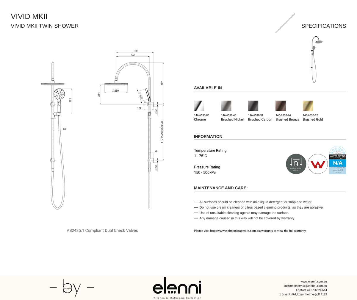 Vivid MKII Twin Shower - Elenni specification drawing