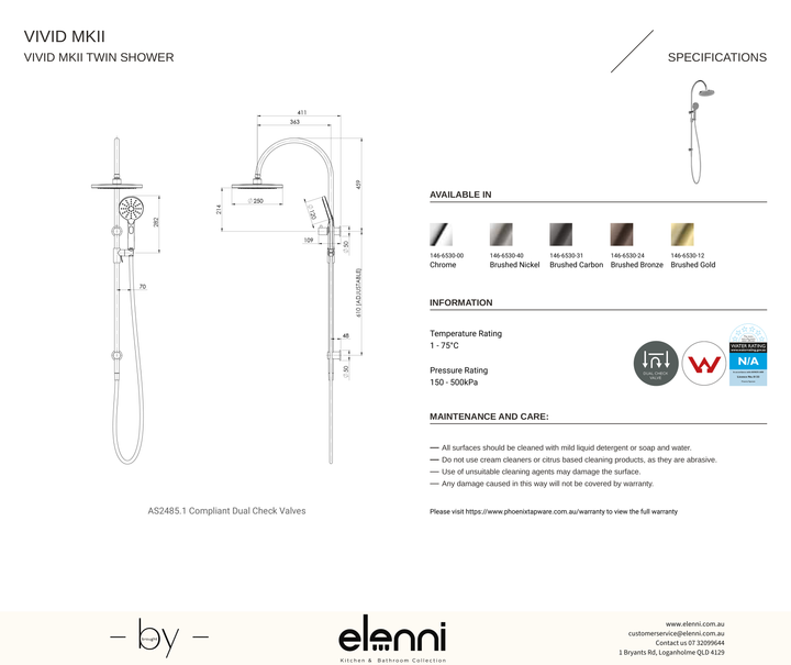 Vivid MKII Twin Shower - Elenni specification drawing