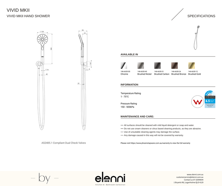 Vivid MKII Hand Shower - Elenni specification drawing