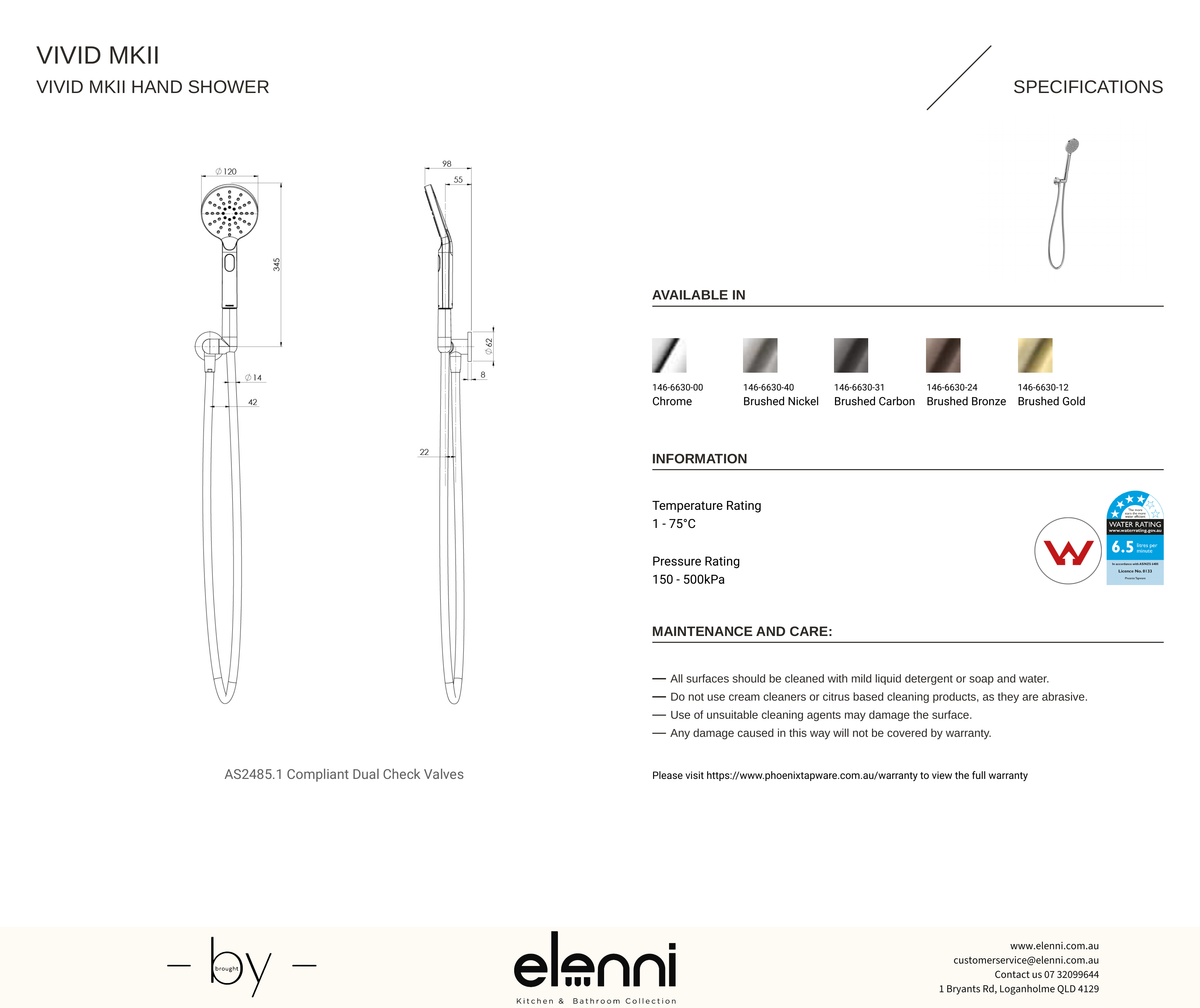 Vivid MKII Hand Shower - Elenni specification drawing