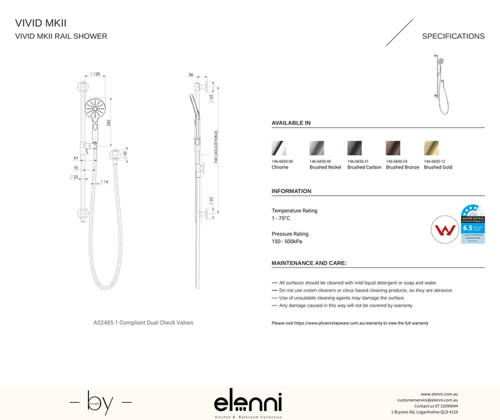 Vivid MKII Rail Shower - Elenni specification drawing
