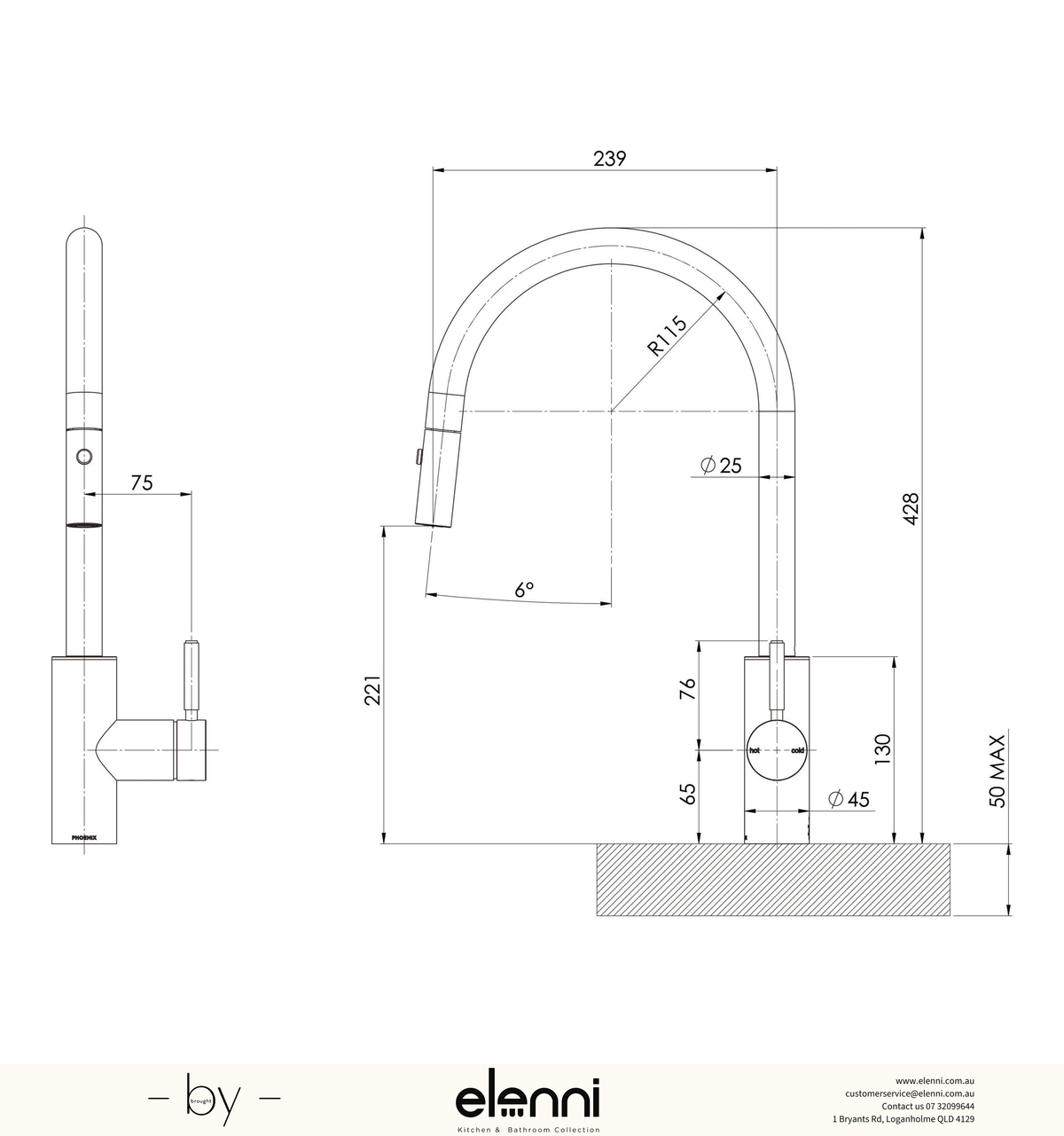 Vivid MKII Pull Out Sink Mixer 240mm Gooseneck - Elenni specification drawing