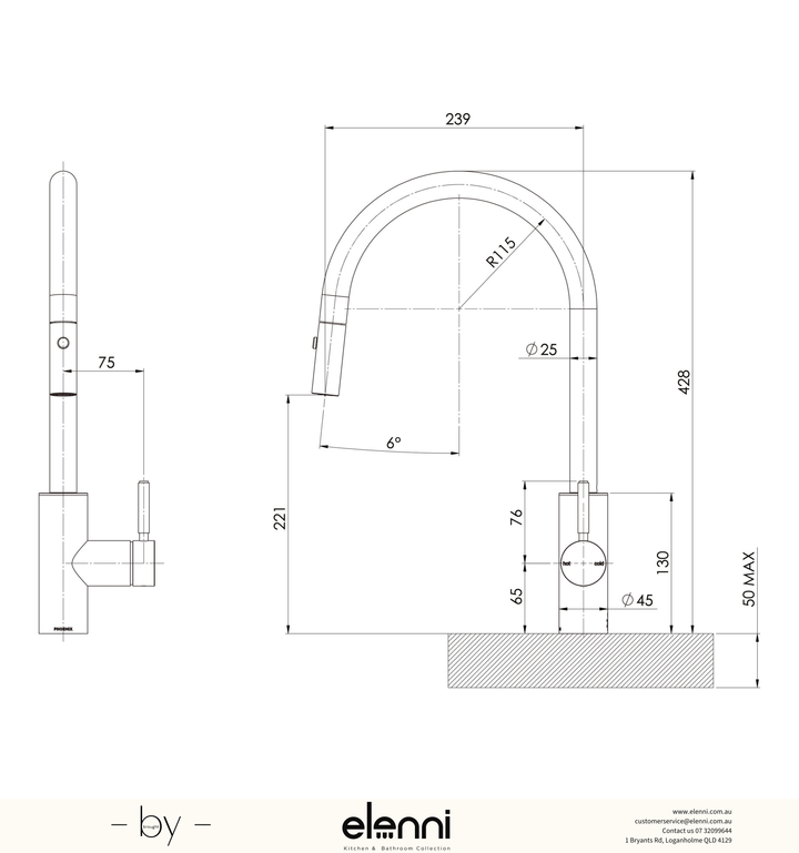 Vivid MKII Pull Out Sink Mixer 240mm Gooseneck - Elenni specification drawing