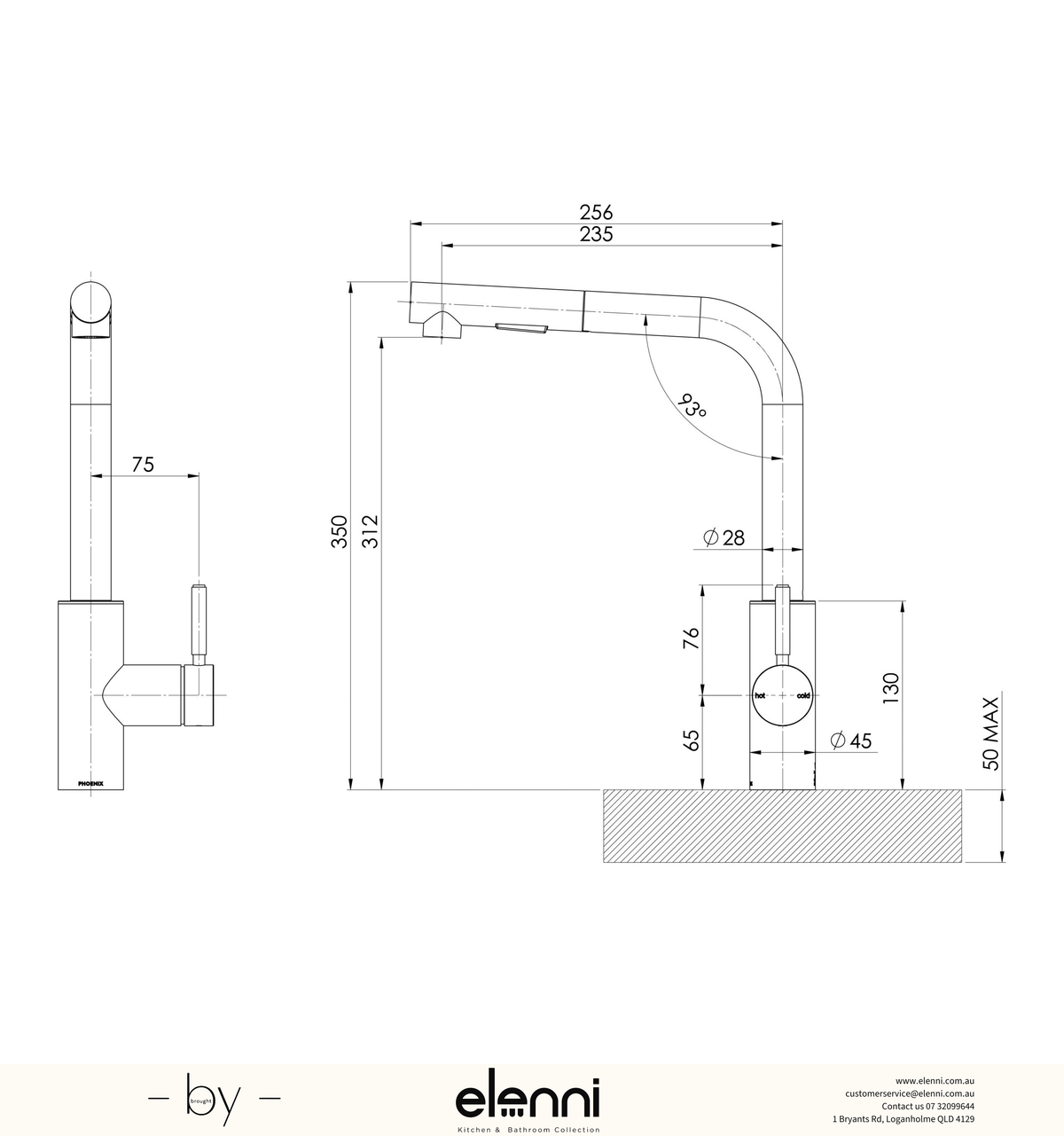 Vivid MKII Pull Out Sink Mixer 230mm L Shaped - Elenni specification drawing