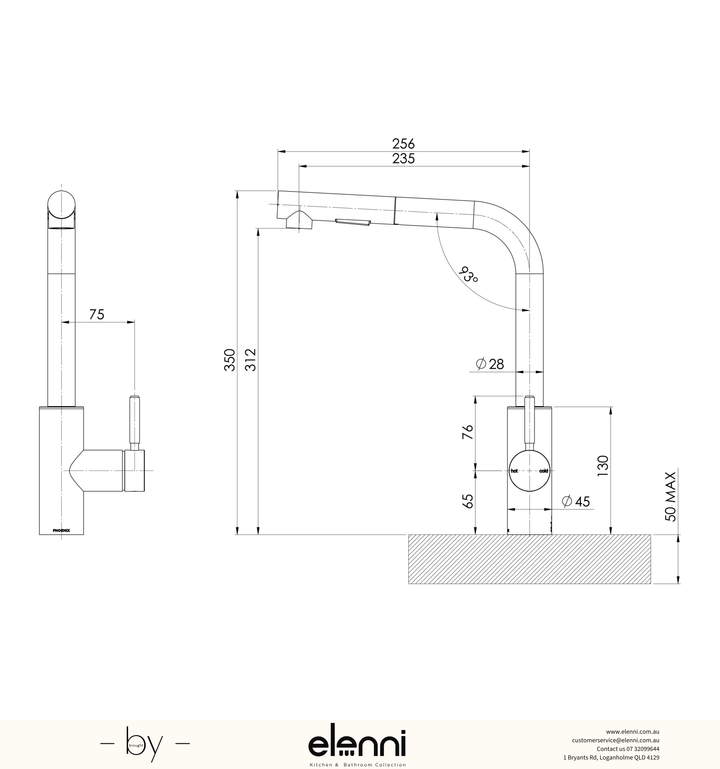 Vivid MKII Pull Out Sink Mixer 230mm L Shaped - Elenni specification drawing