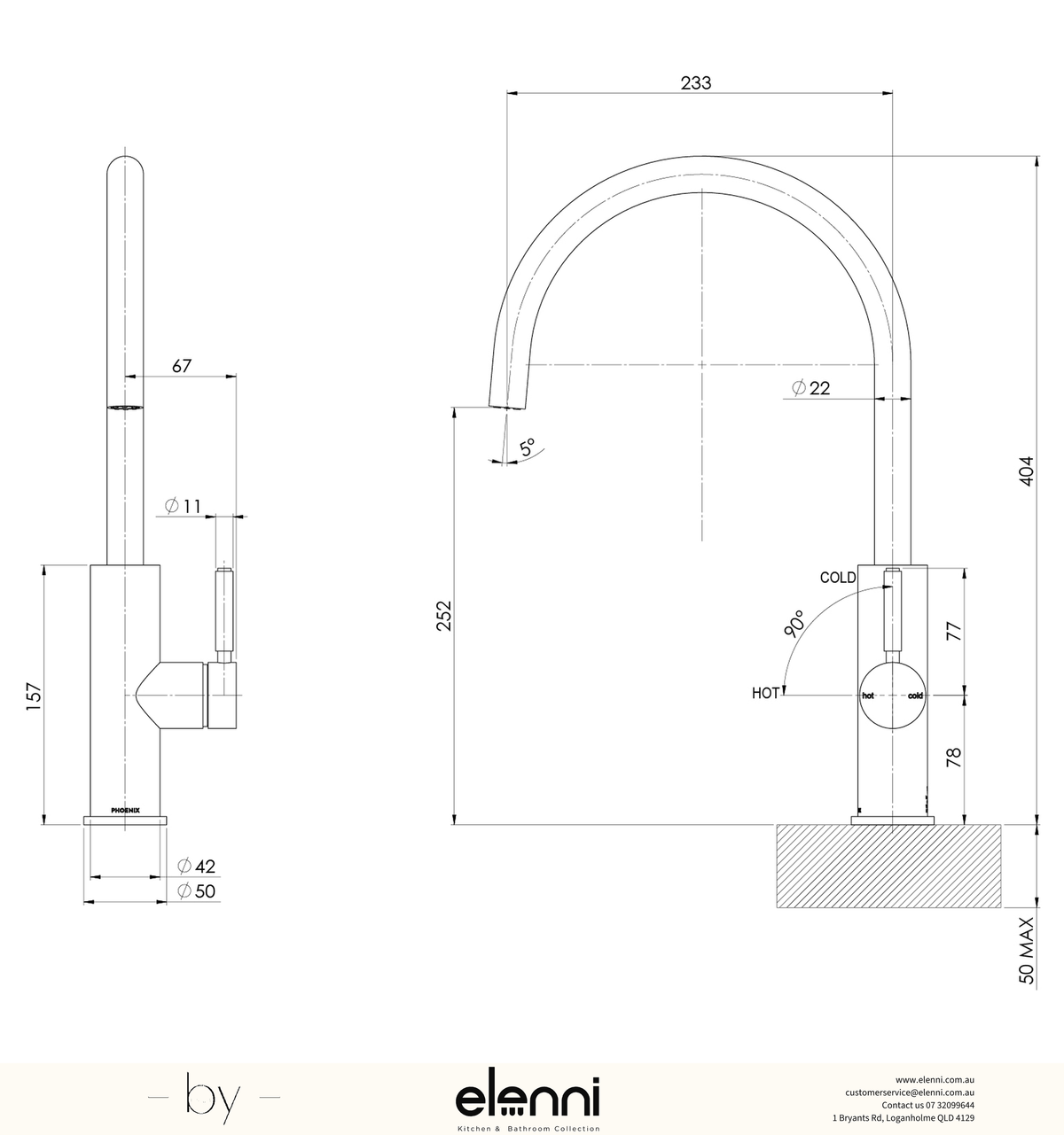 Vivid MKII Sink Mixer 230mm - Elenni specification drawing