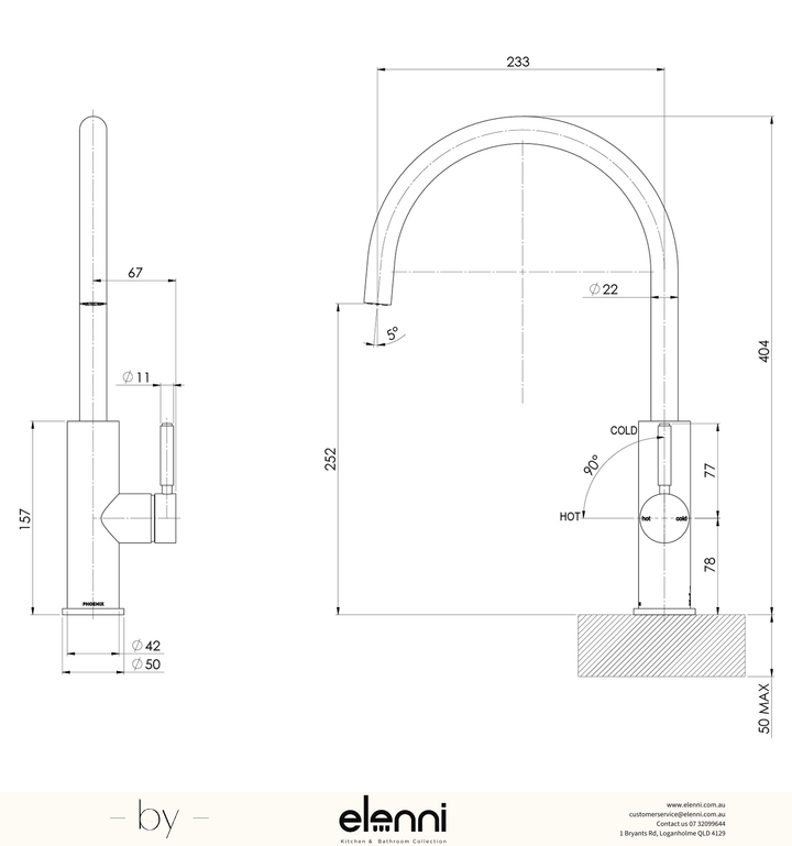 Vivid MKII Sink Mixer 230mm - Elenni specification drawing