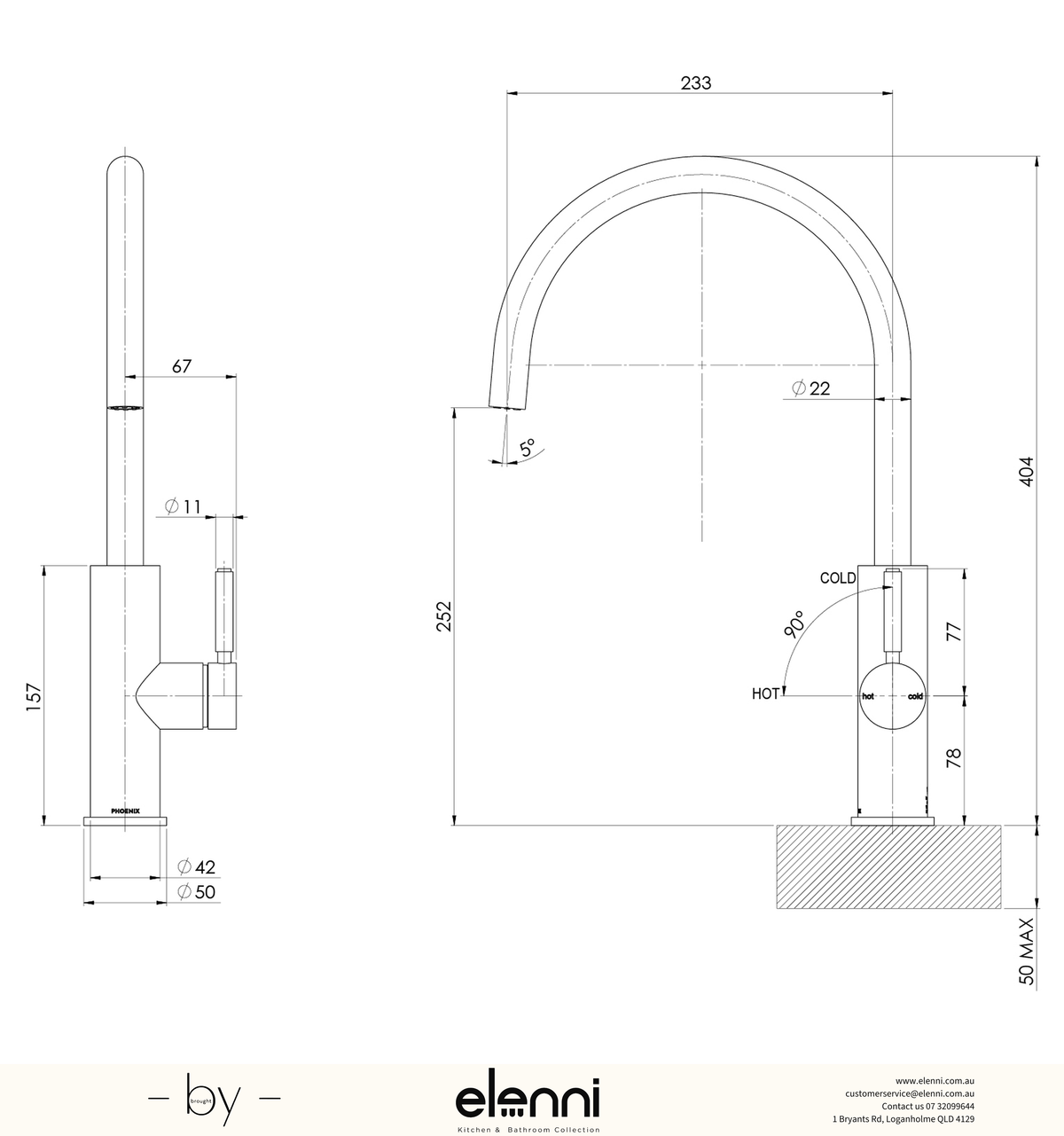 Vivid MKII Sink Mixer 230mm - Elenni specification drawing