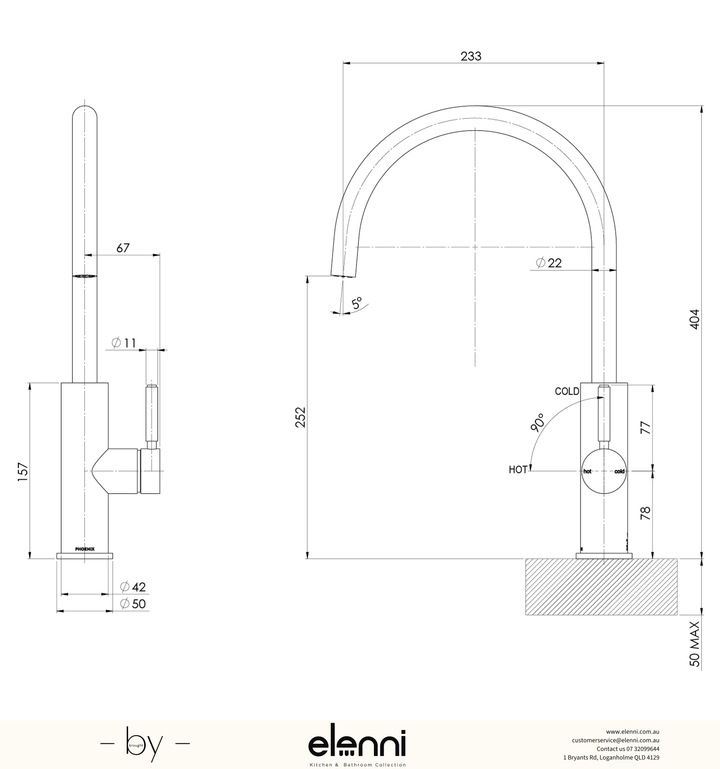 Vivid MKII Sink Mixer 230mm - Elenni specification drawing