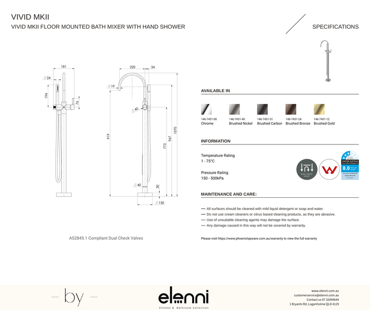 Vivid MKII Floor Mounted Bath Mixer with Hand Shower - Elenni specification drawing