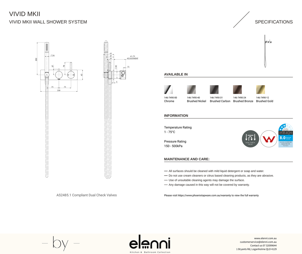 Vivid MKII Wall Shower System - Elenni specification drawing