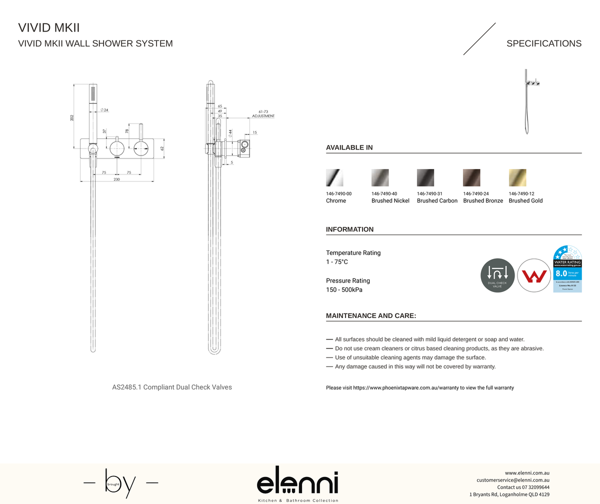 Vivid MKII Wall Shower System - Elenni specification drawing