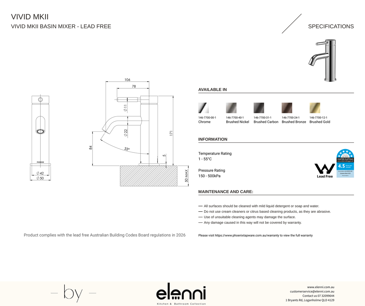 Vivid MKII Basin Mixer - Elenni specification drawing