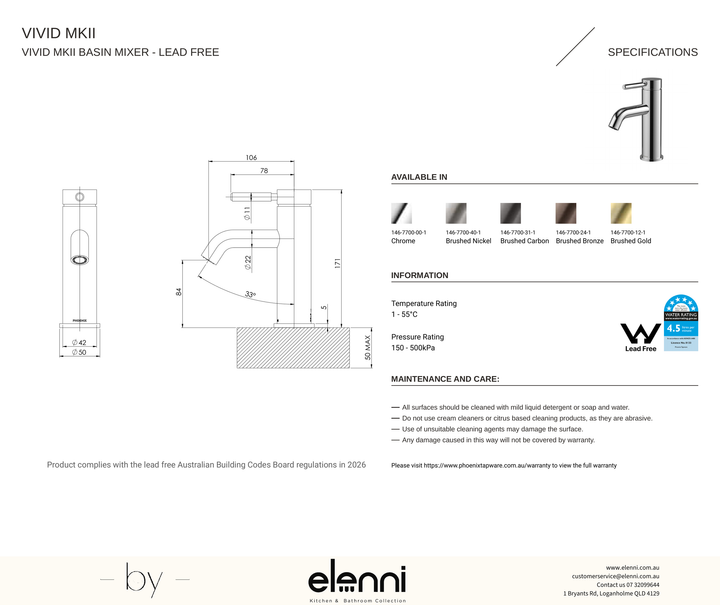 Vivid MKII Basin Mixer - Elenni specification drawing