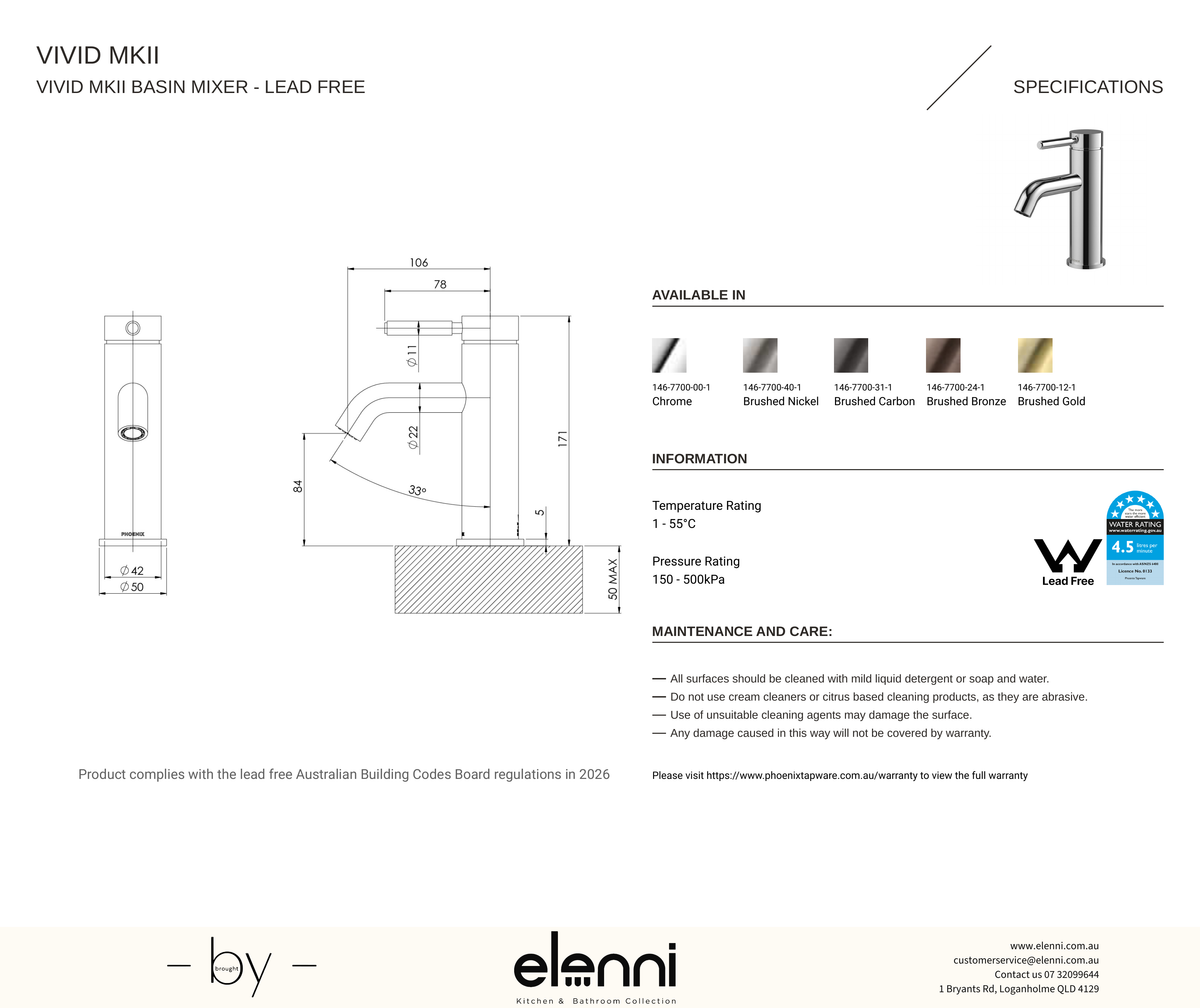 Vivid MKII Basin Mixer - Elenni specification drawing