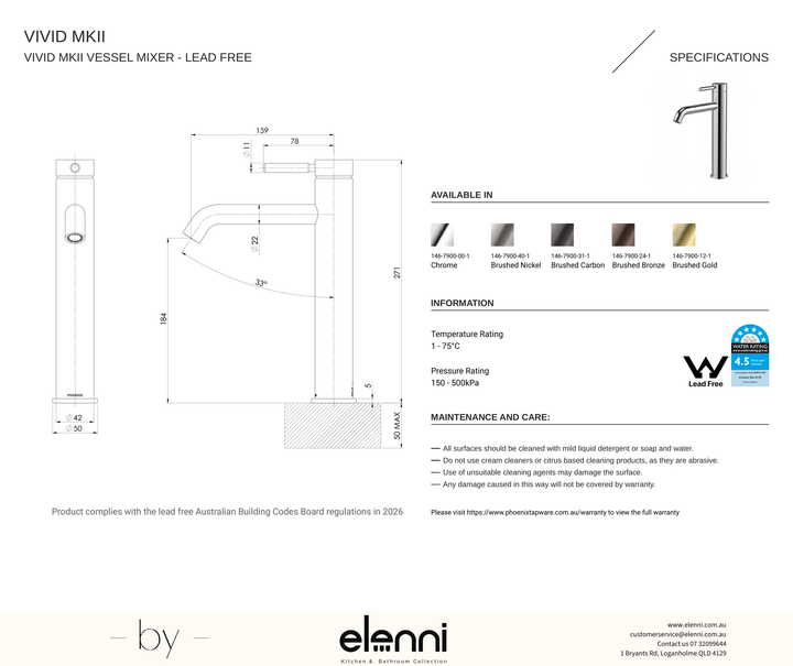 Vivid MKII Vessel Mixer - Elenni specification drawing