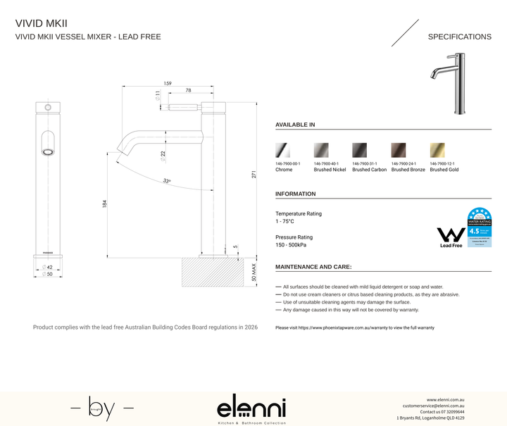Vivid MKII Vessel Mixer - Elenni specification drawing