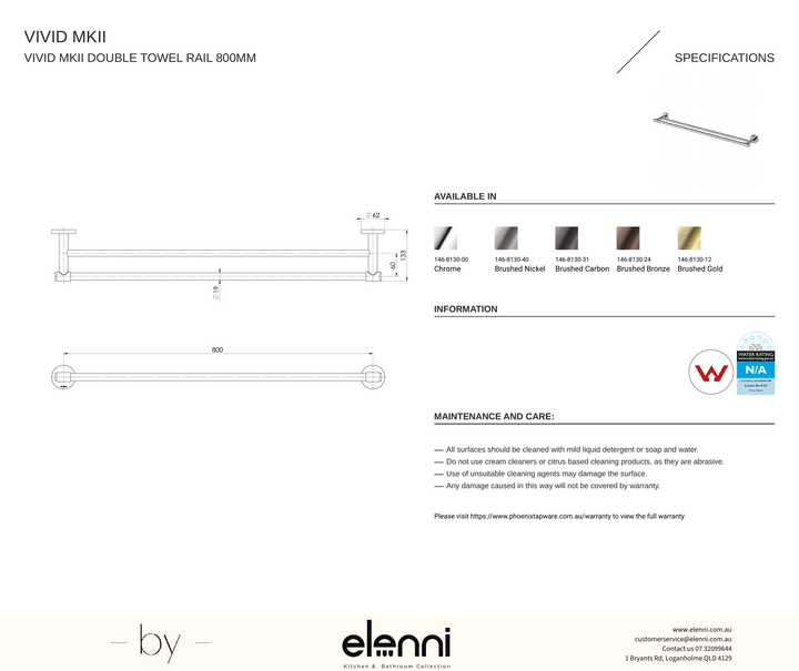 Vivid MKII Double Towel Rail 800mm - Elenni specification drawing