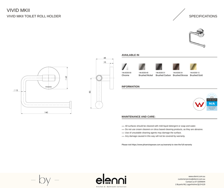 Vivid MKII Toilet Roll Holder - Elenni specification drawing
