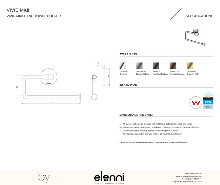 Vivid MKII Hand Towel Holder - Elenni specification drawing