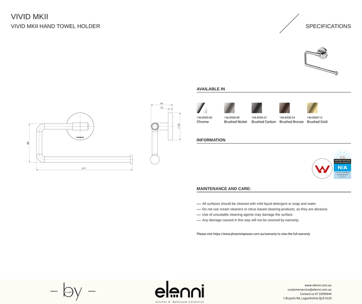 Vivid MKII Hand Towel Holder - Elenni specification drawing
