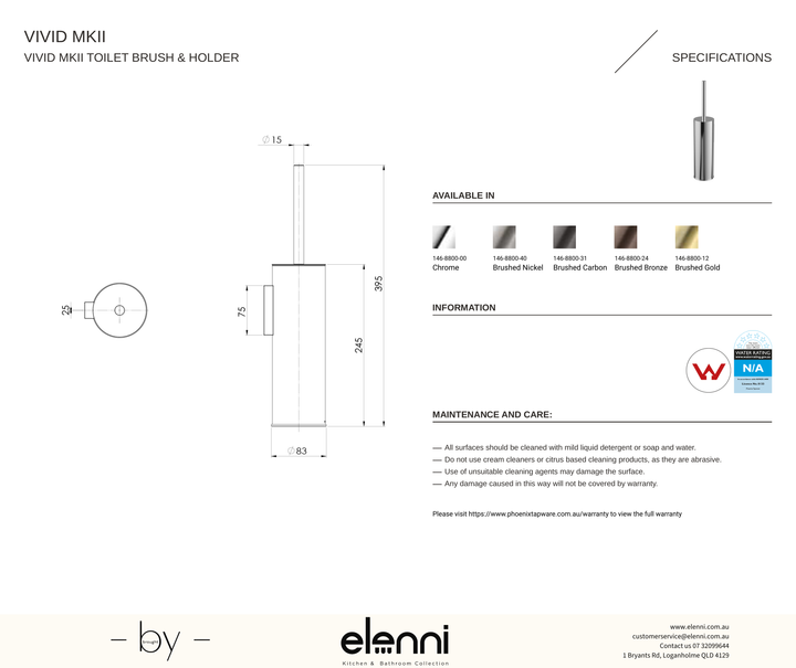 Vivid MKII Toilet Brush &amp; Holder - Elenni specification drawing