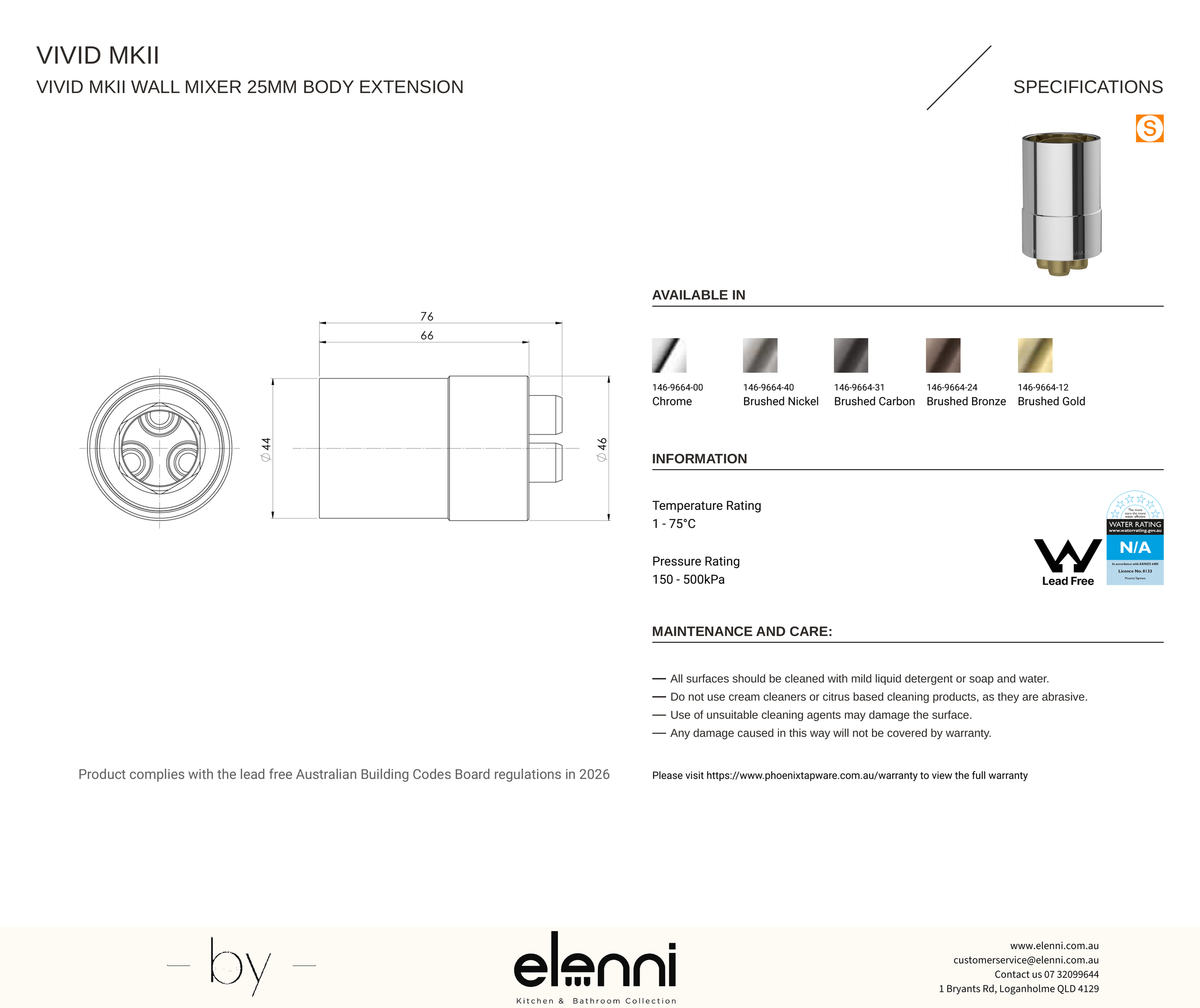 Vivid MKII Wall Mixer 25mm Body Extension - Elenni specification drawing