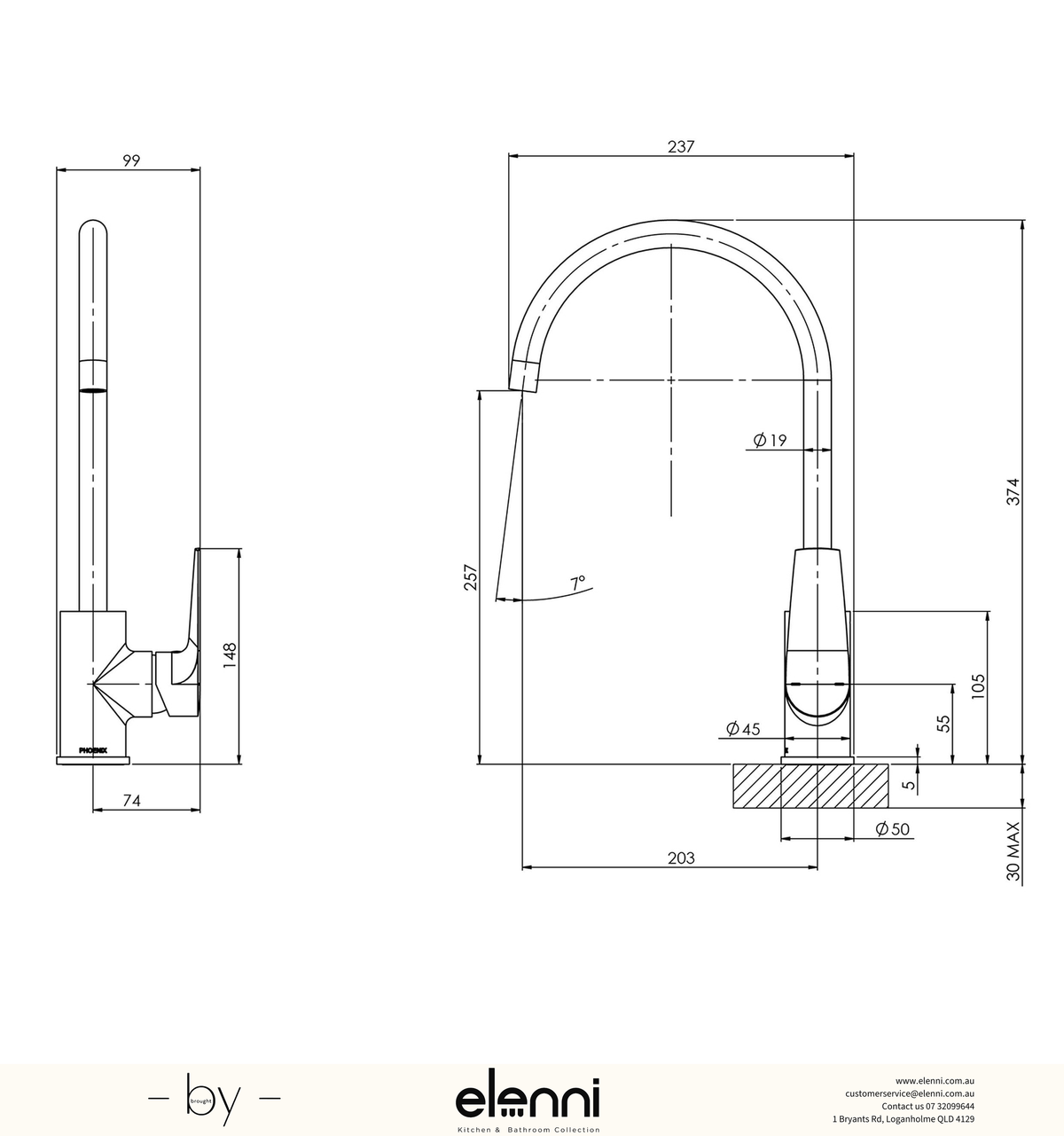 Arlo Sink Mixer 200mm Gooseneck - Lead Free - Elenni specification drawing
